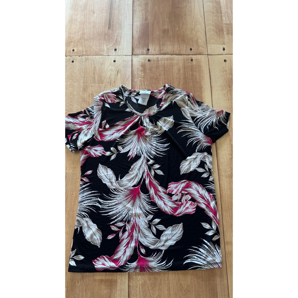 Jaclyn Smith Womens Small Black Pink Tropical Floral Palm Short Sleeve Blouse